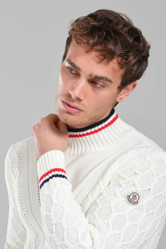 Moncler Cable Knit Sweater – White with Signature Detailing