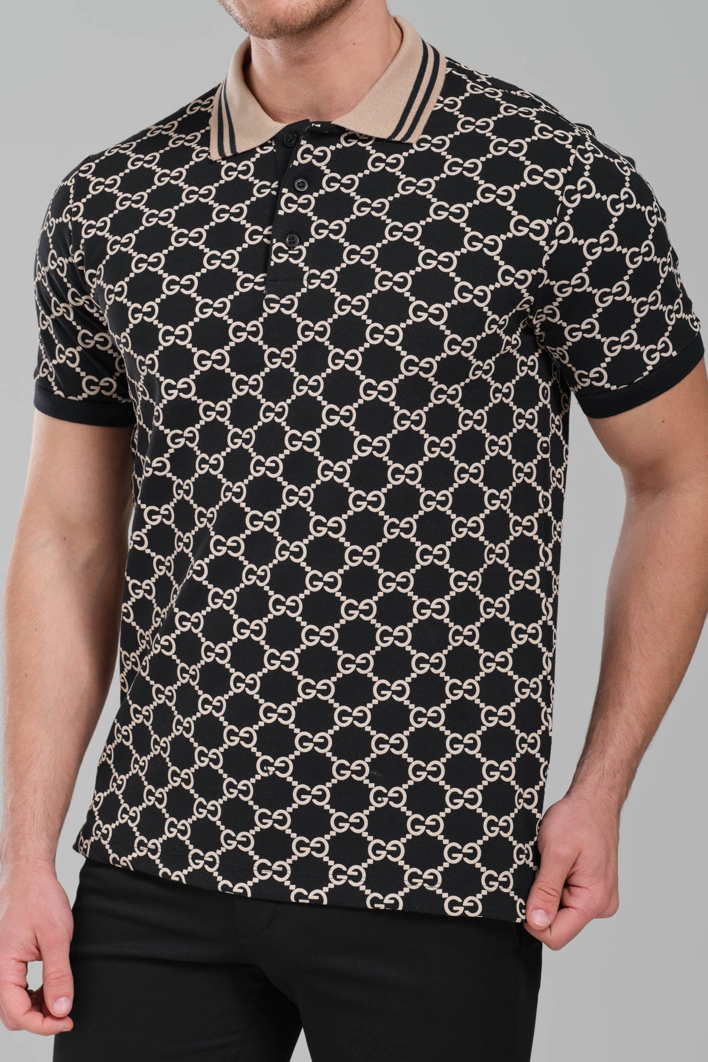 Gucci GG Monogram Polo Shirt – Black/Beige