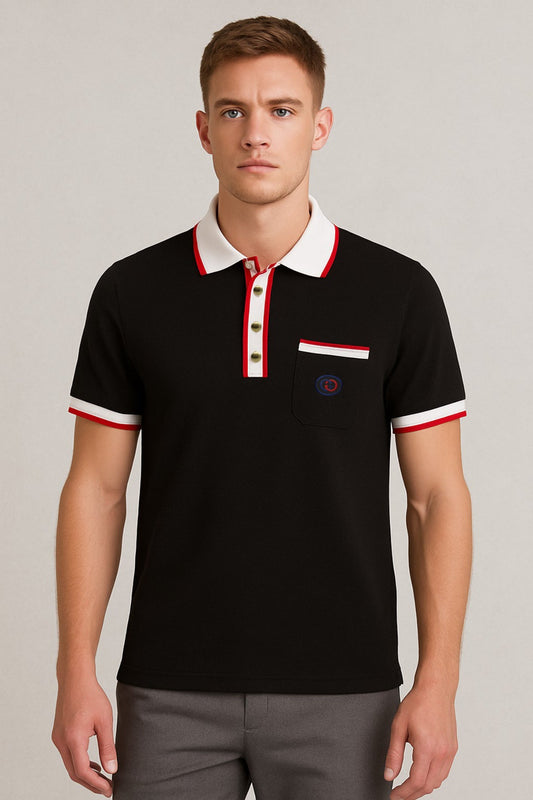 Gucci Black Polo Shirt with Web Trim and Chest Pocket