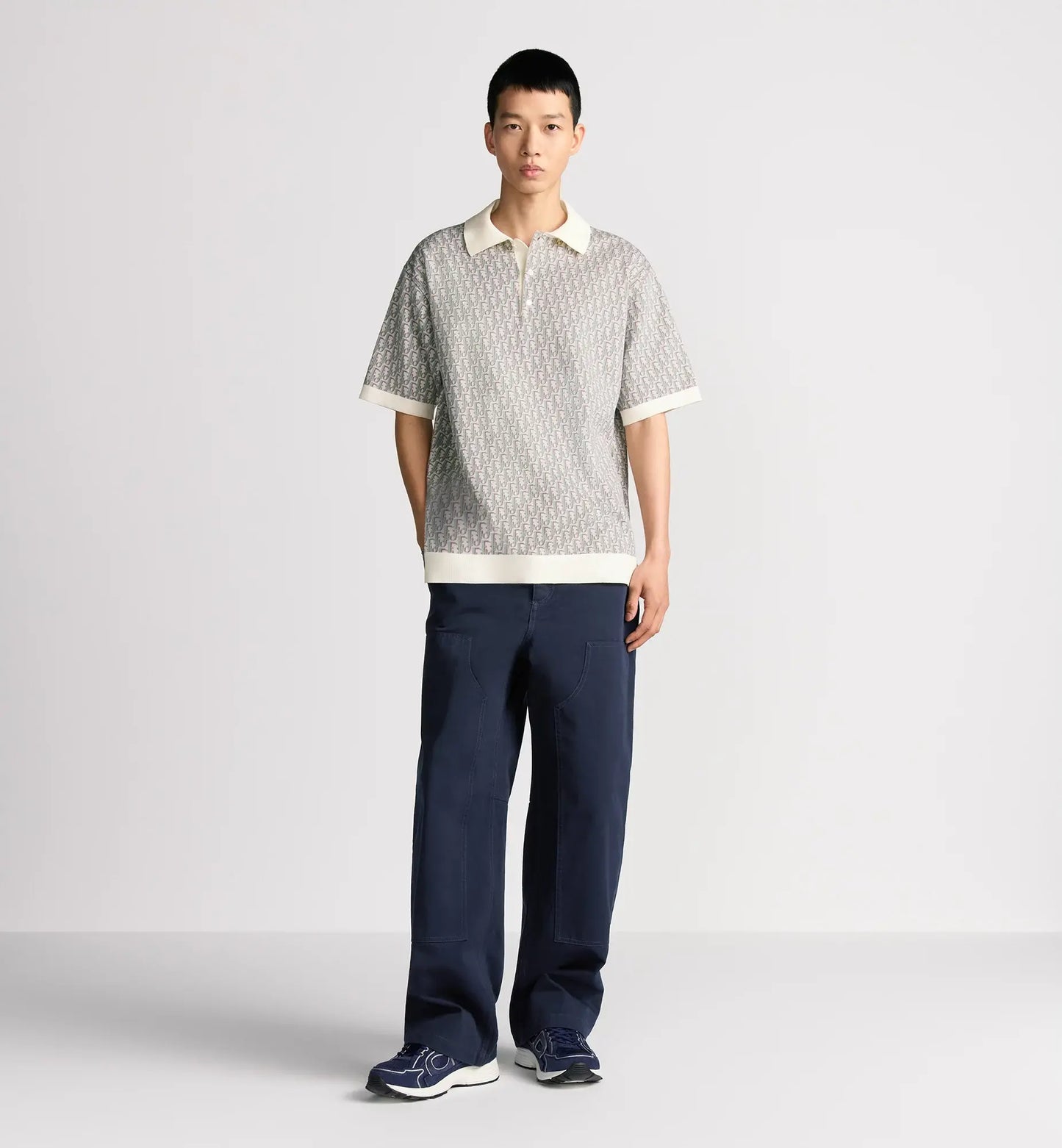 Dior Oblique Polo Shirt. White, Blue and Brown Cotton Jacquard