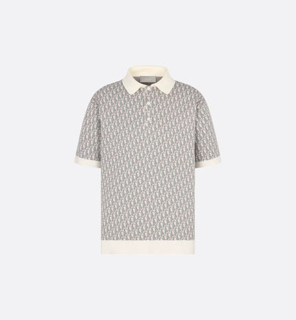 Dior Oblique Polo Shirt.         White, Blue and Brown Cotton Jacquard