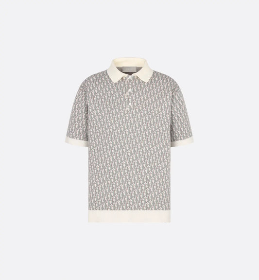 Dior Oblique Polo Shirt.         White, Blue and Brown Cotton Jacquard