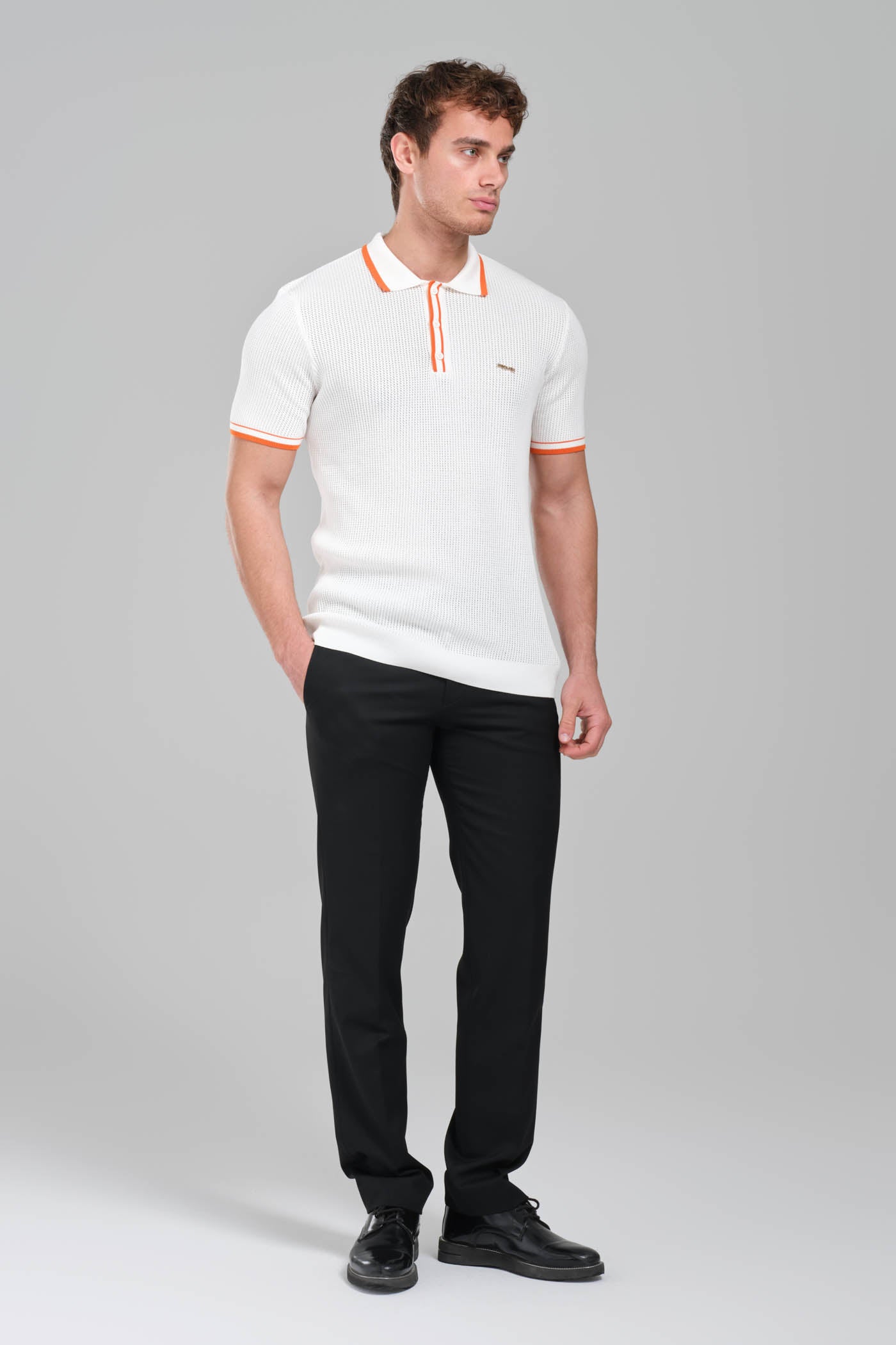 Hermes Textured White Polo Shirt with Orange Accents