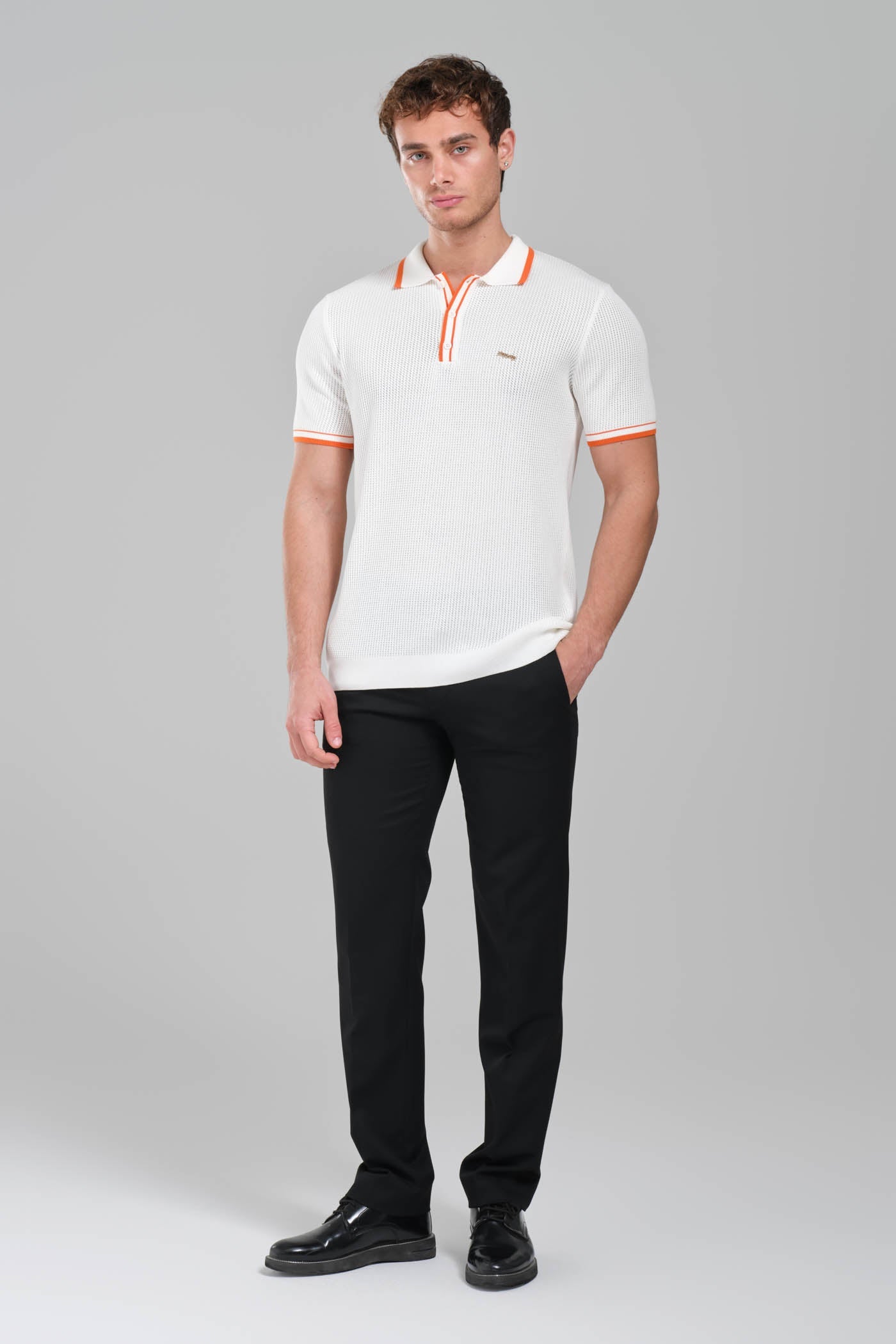 Hermes Textured White Polo Shirt with Orange Accents