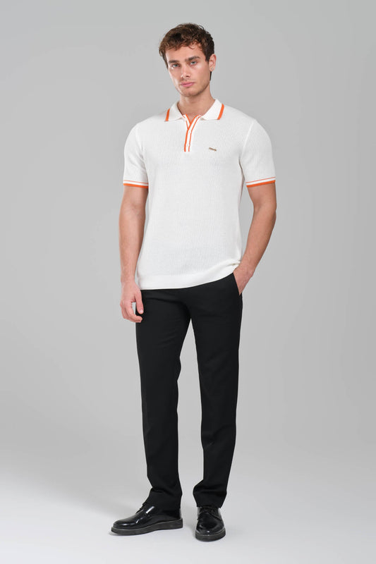 Hermes Textured White Polo Shirt with Orange Accents