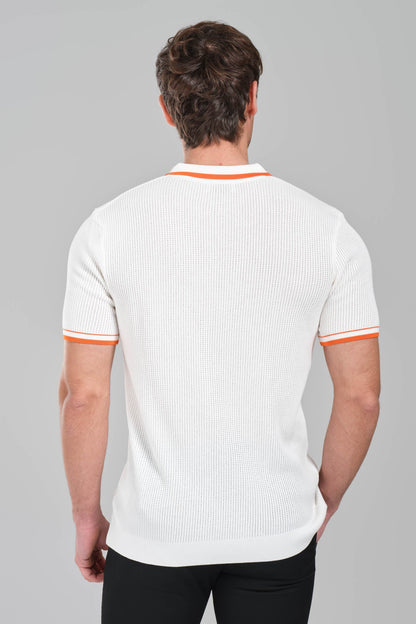 Hermes Textured White Polo Shirt with Orange Accents