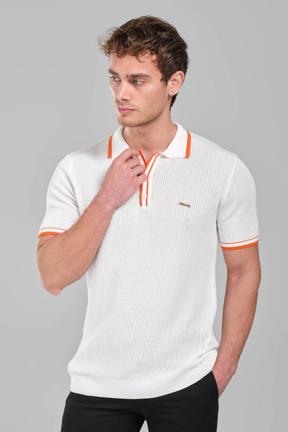 Hermes Textured White Polo Shirt with Orange Accents