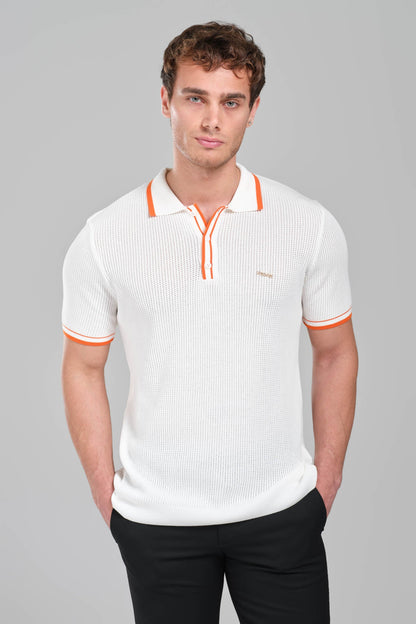 Hermes Textured White Polo Shirt with Orange Accents