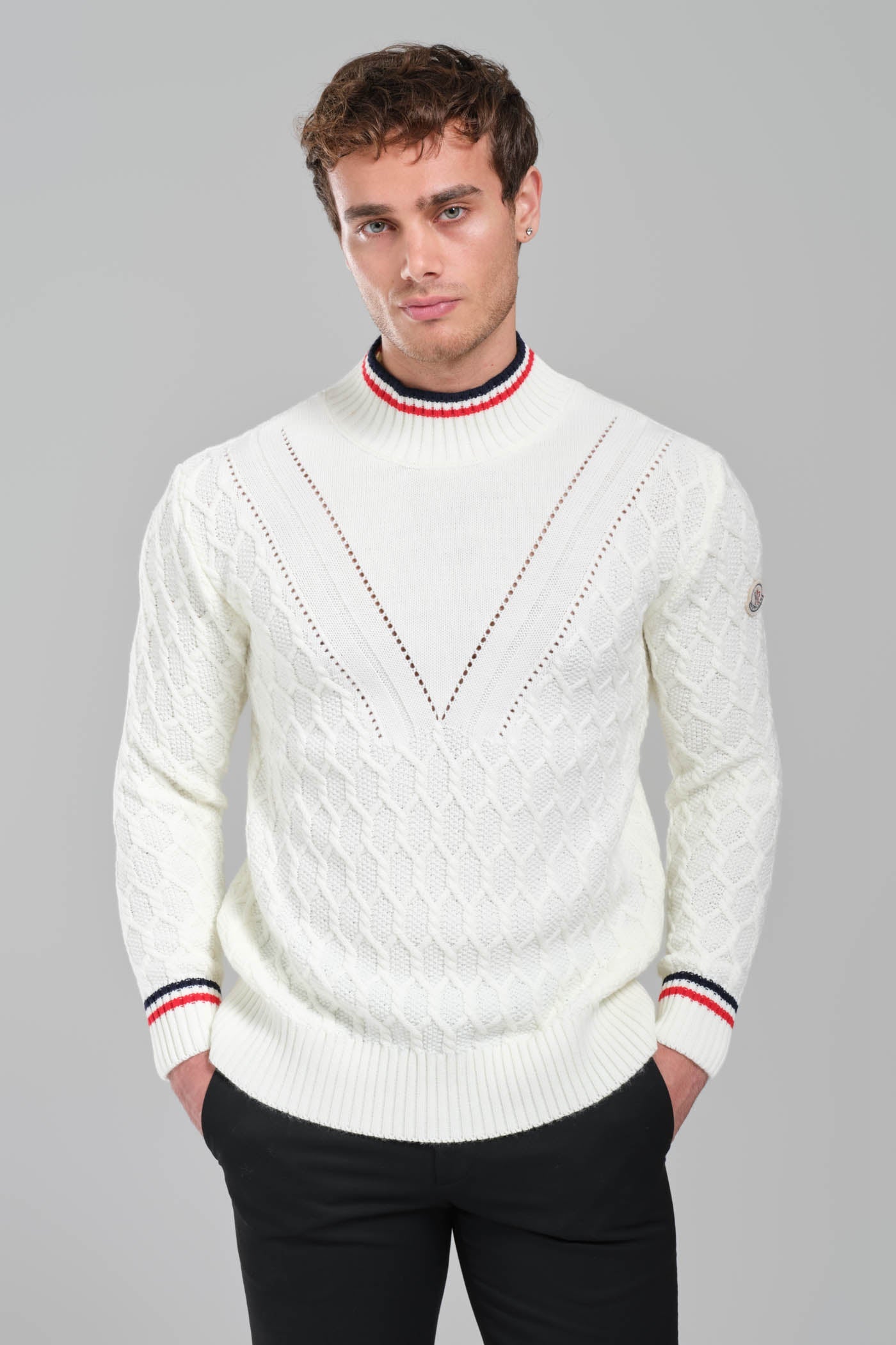 Moncler Cable Knit Sweater – White with Signature Detailing