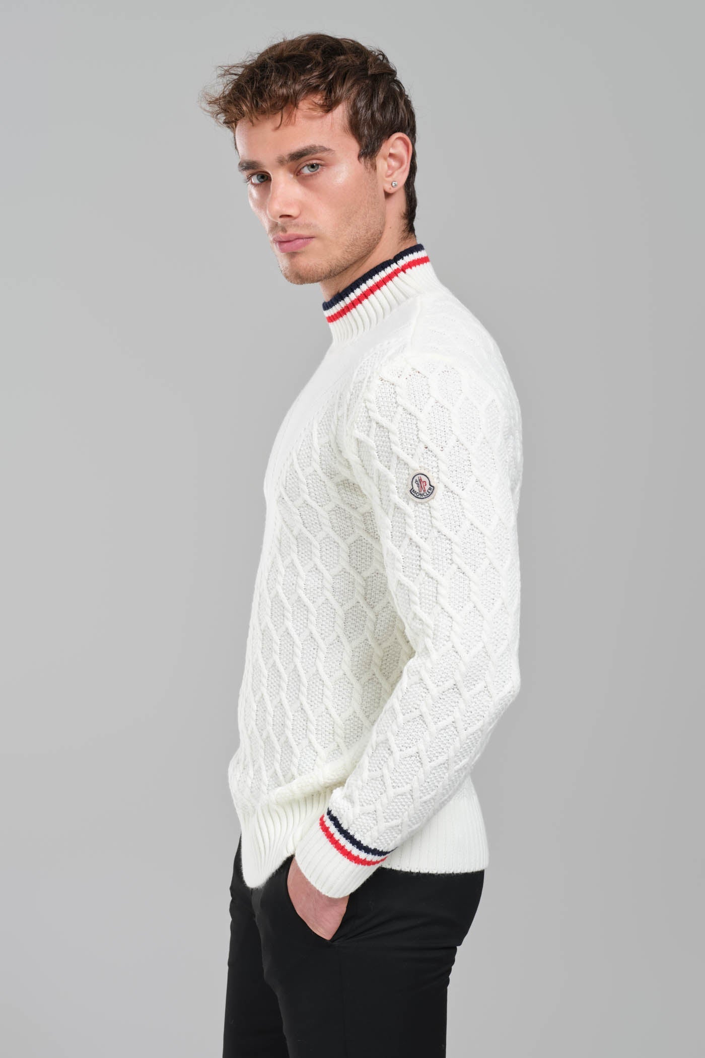 Moncler Cable Knit Sweater – White with Signature Detailing