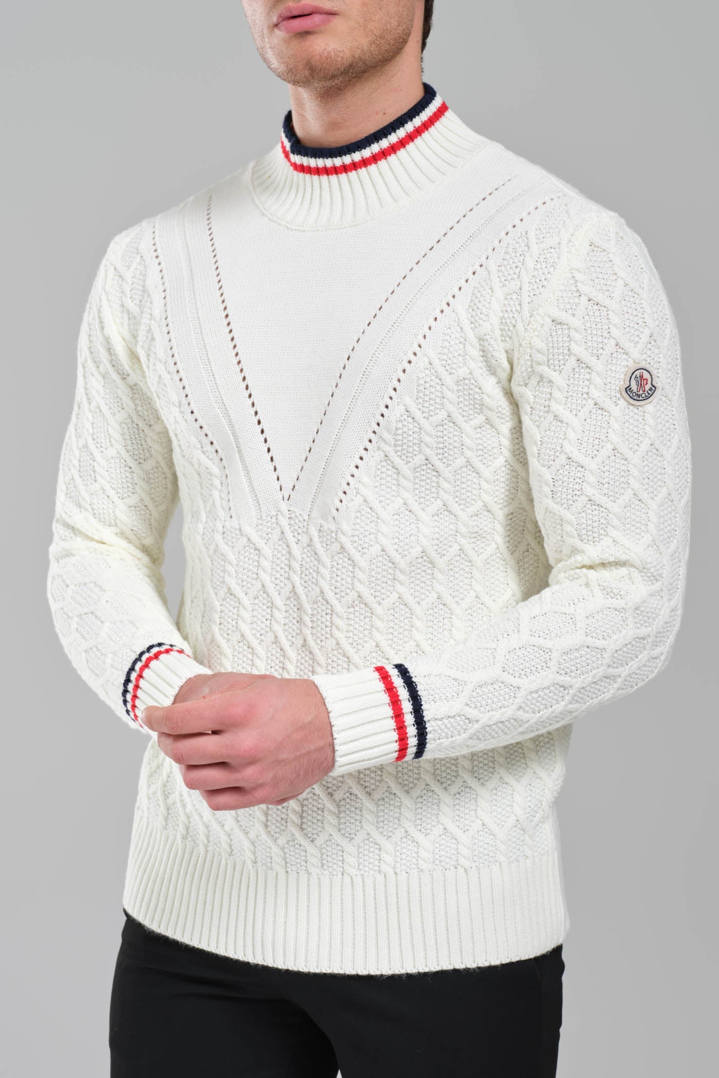 Moncler Cable Knit Sweater – White with Signature Detailing
