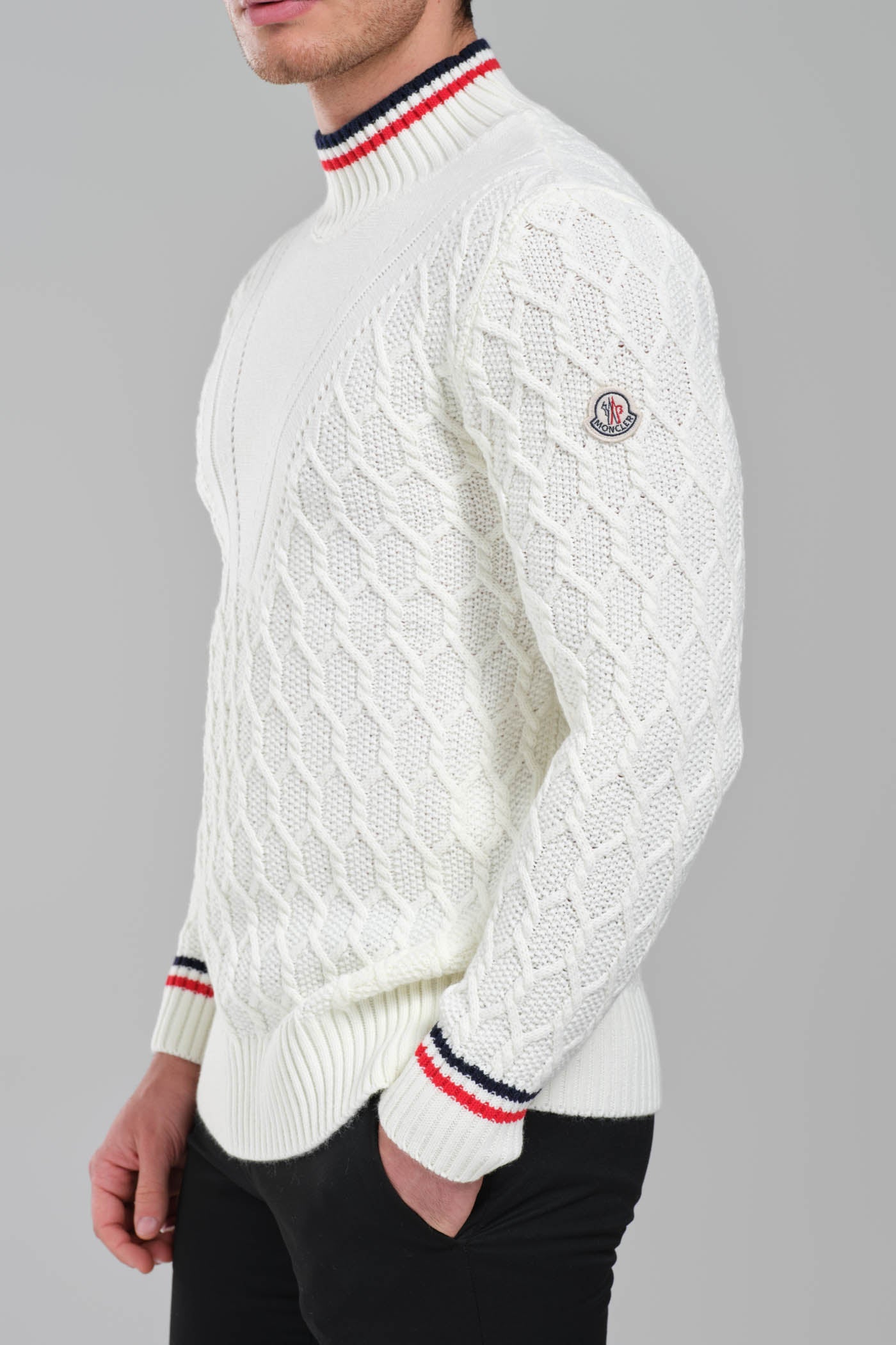 Moncler Cable Knit Sweater – White with Signature Detailing