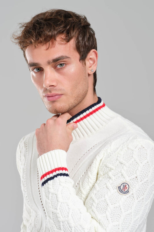 Moncler Cable Knit Sweater – White with Signature Detailing