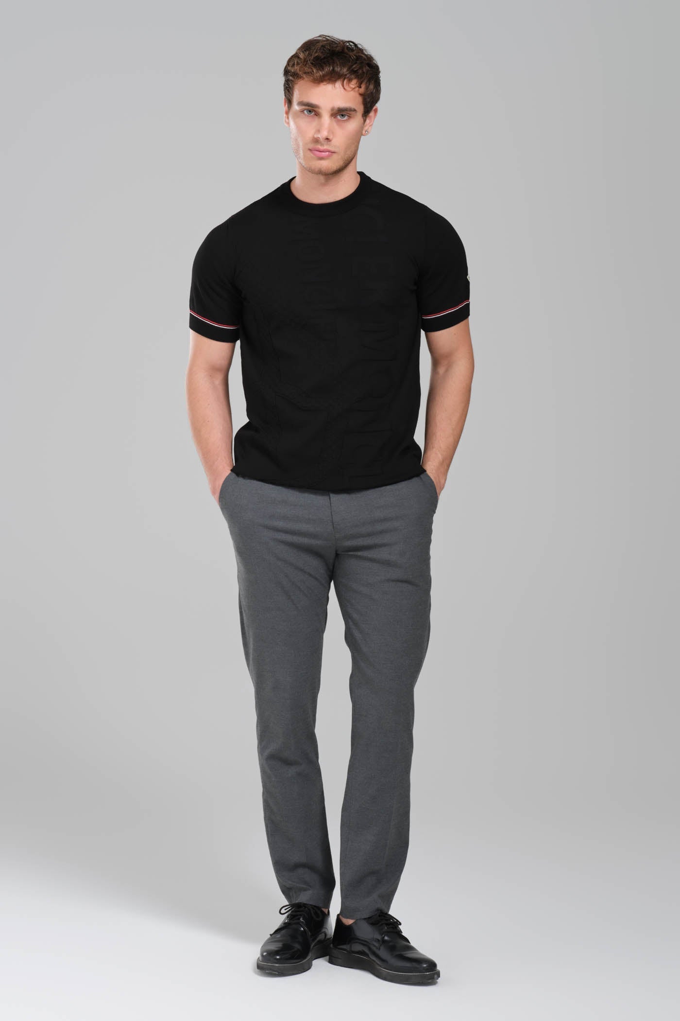 Moncler Black Embossed Logo T-Shirt with Contrast Sleeve Detail