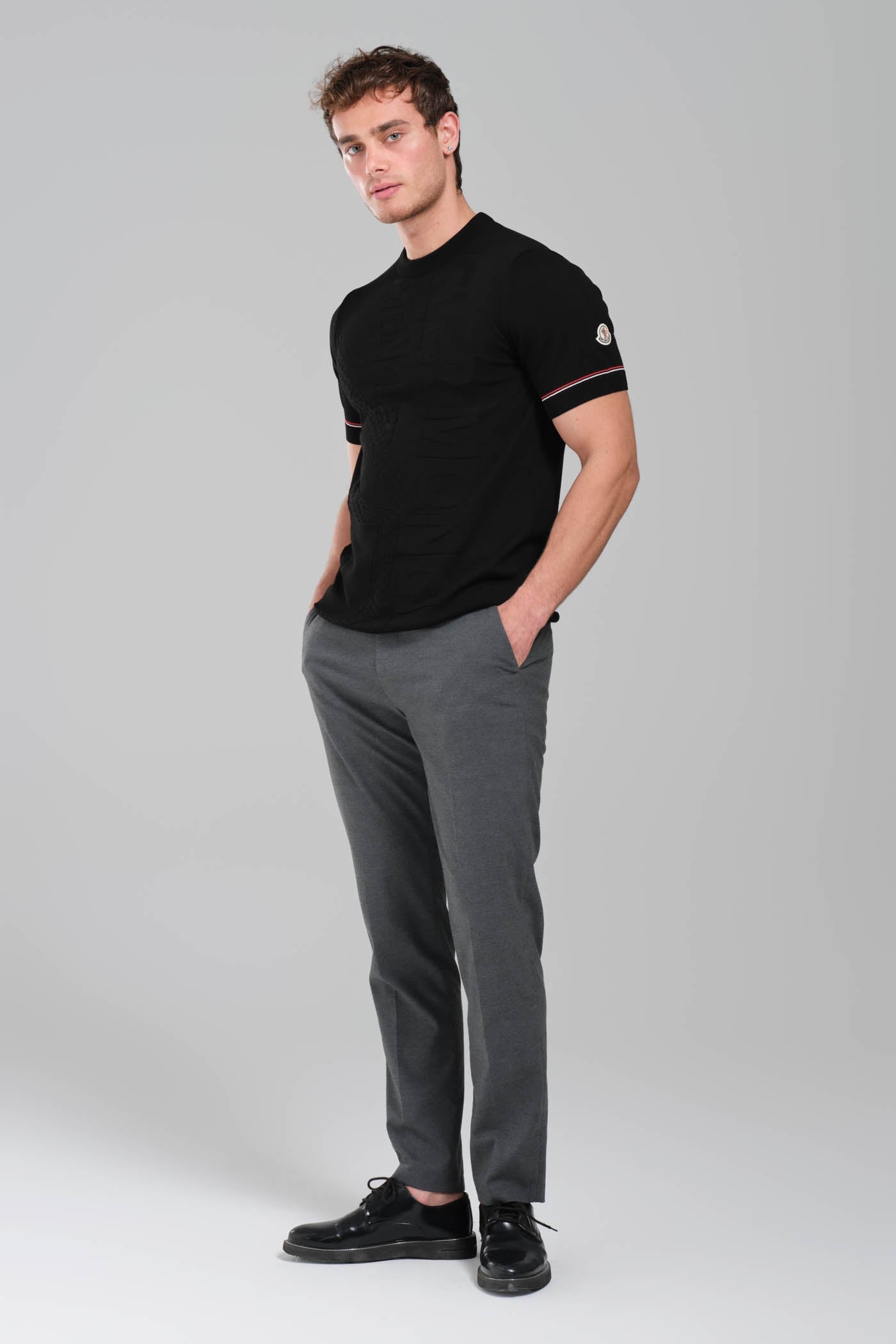 Moncler Black Embossed Logo T-Shirt with Contrast Sleeve Detail