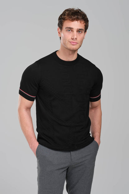 Moncler Black Embossed Logo T-Shirt with Contrast Sleeve Detail
