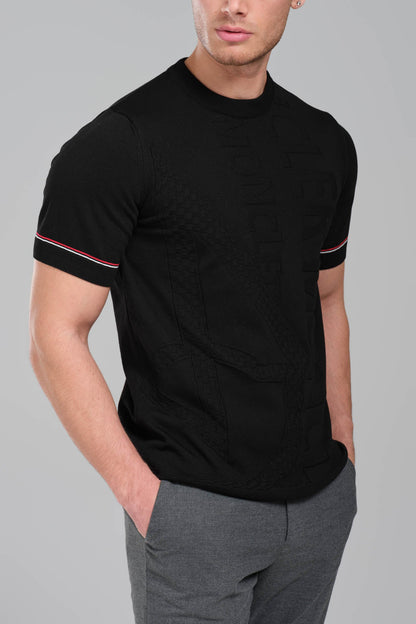 Moncler Black Embossed Logo T-Shirt with Contrast Sleeve Detail