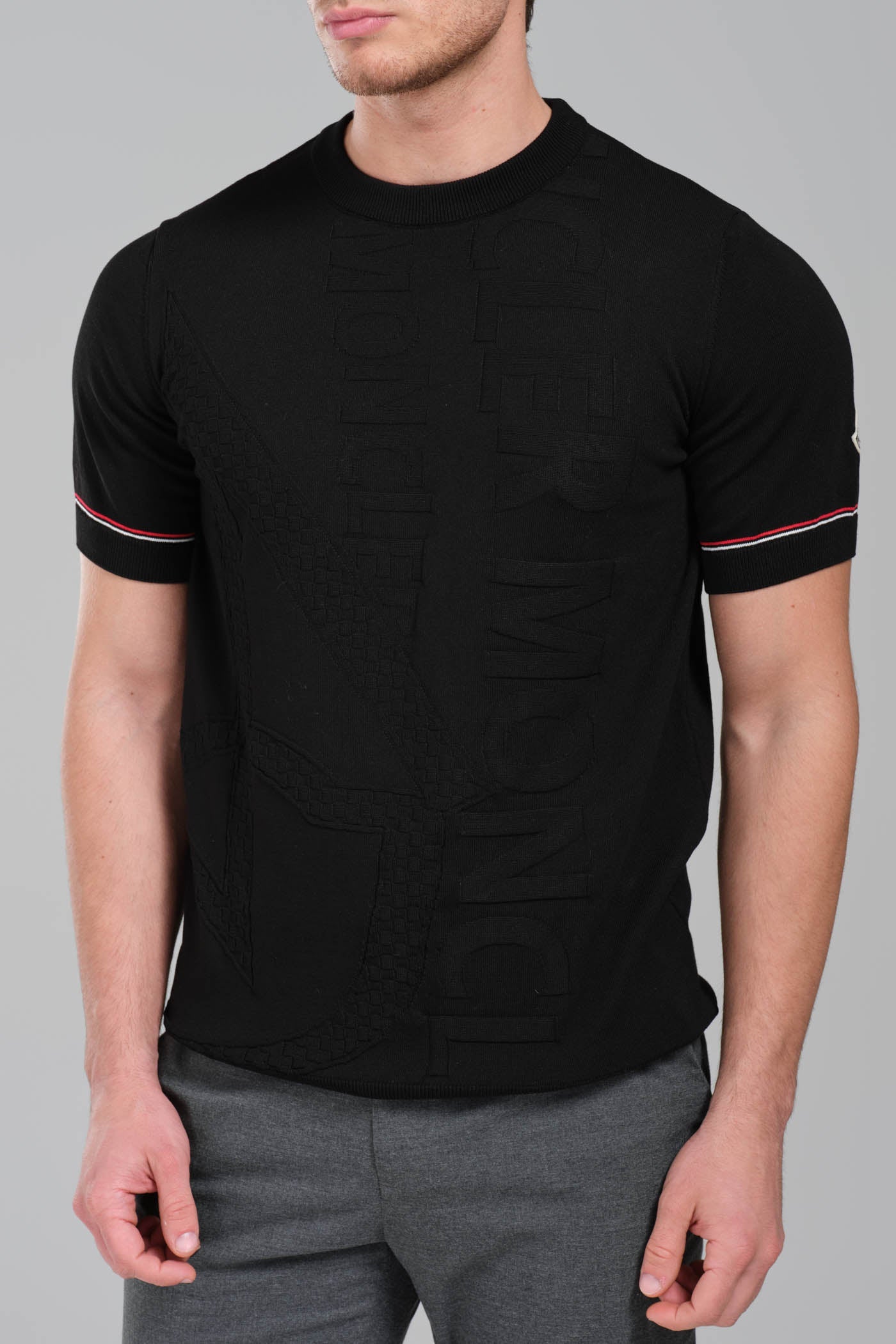 Moncler Black Embossed Logo T-Shirt with Contrast Sleeve Detail