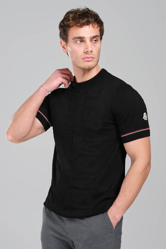 Moncler Black Embossed Logo T-Shirt with Contrast Sleeve Detail