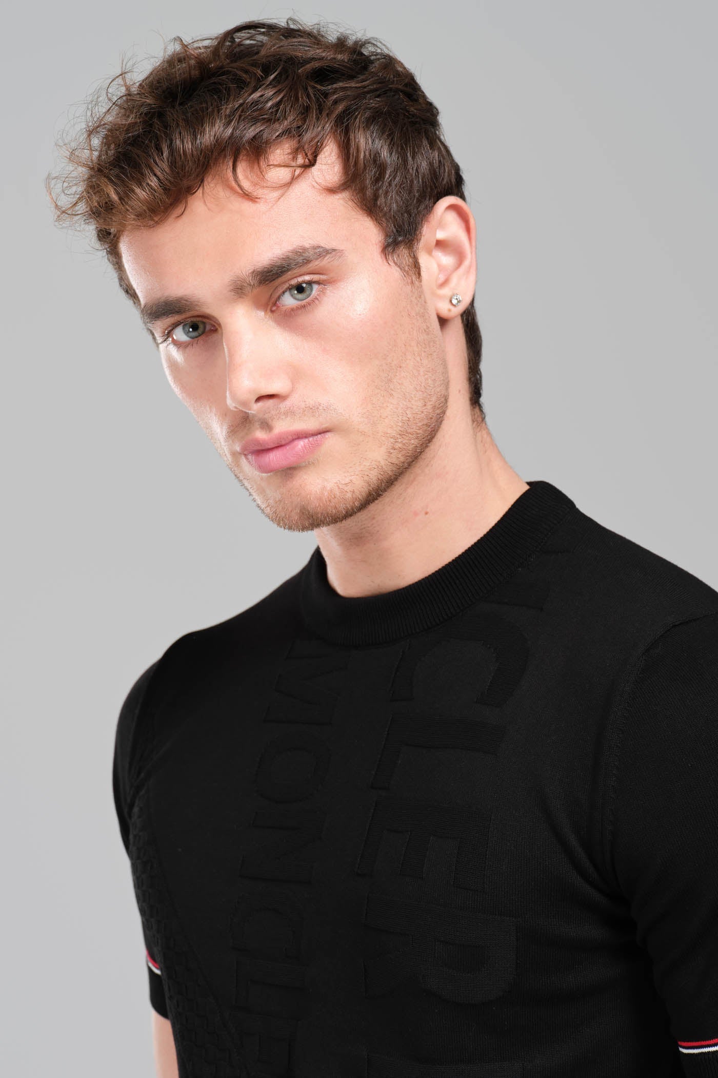 Moncler Black Embossed Logo T-Shirt with Contrast Sleeve Detail