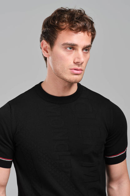 Moncler Black Embossed Logo T-Shirt with Contrast Sleeve Detail