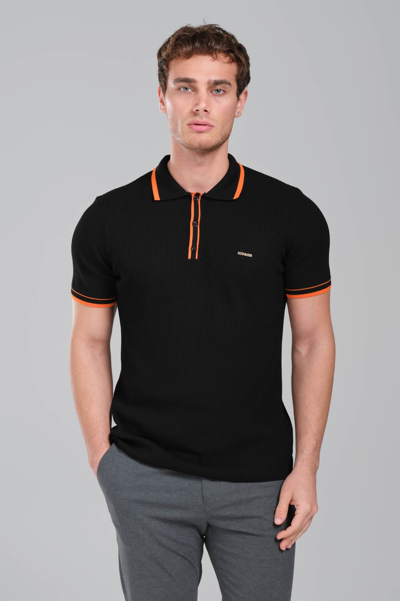 Hermes Black Polo Shirt with Orange Seamline