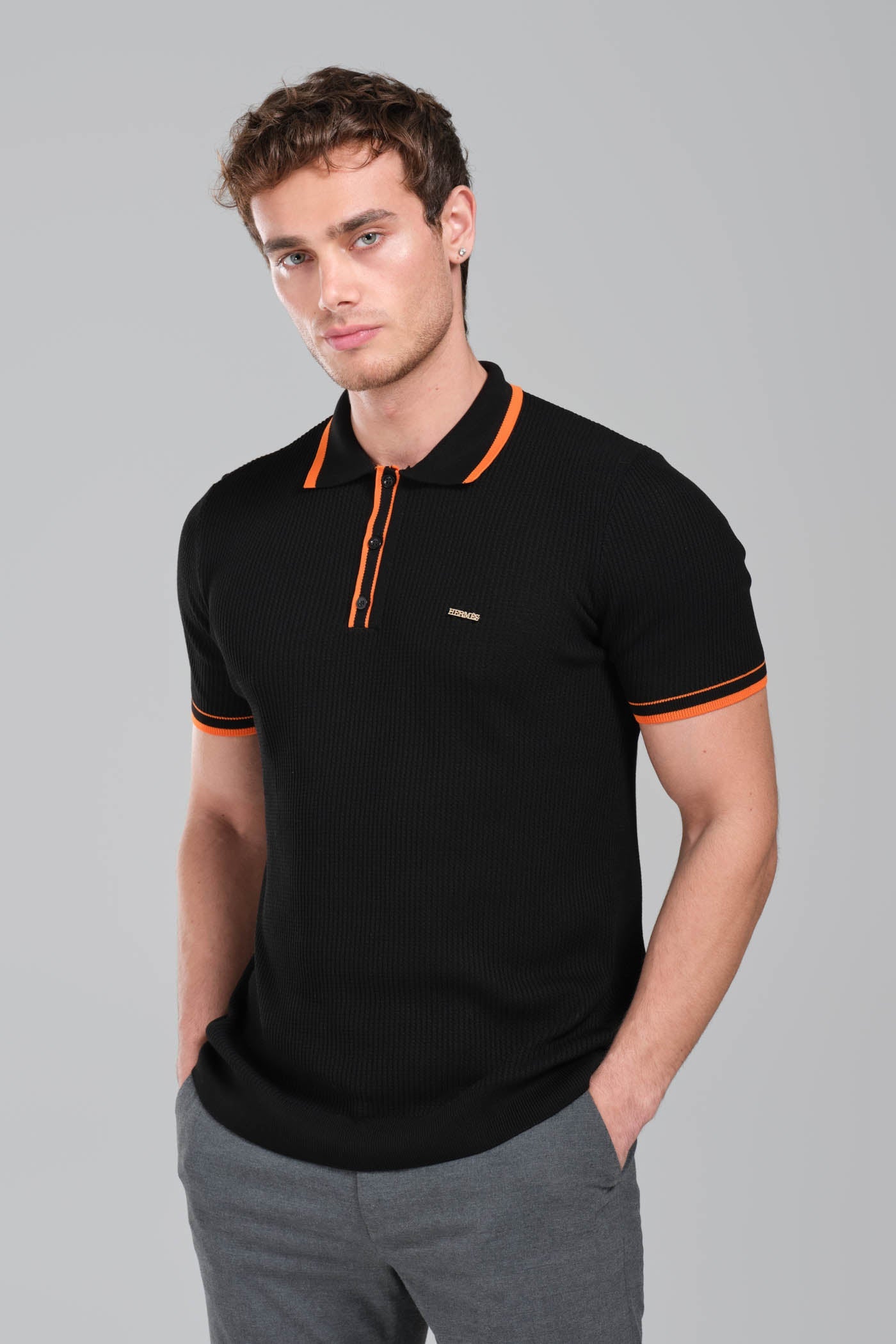 Hermes Black Polo Shirt with Orange Seamline