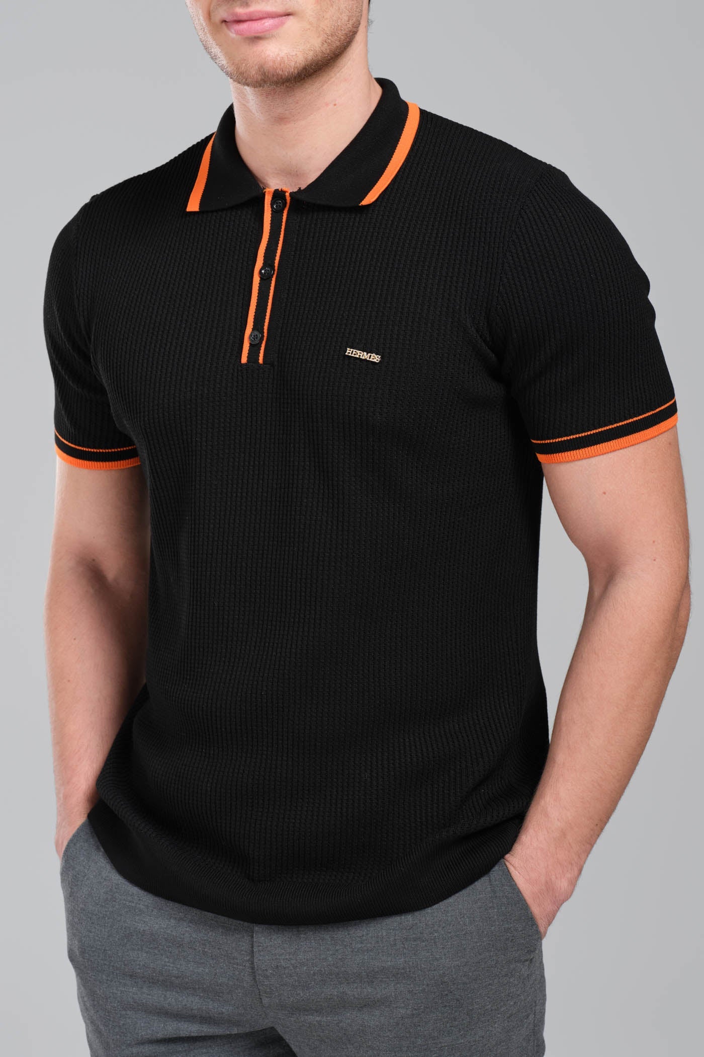 Hermes Black Polo Shirt with Orange Seamline