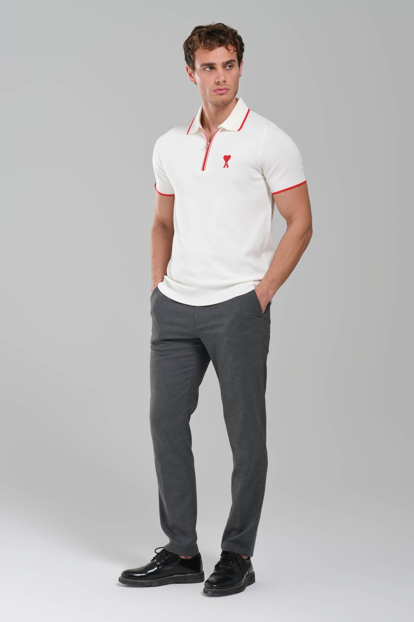 AMI Paris Ami de Coeur Zip  Knit Polo Shirt – White