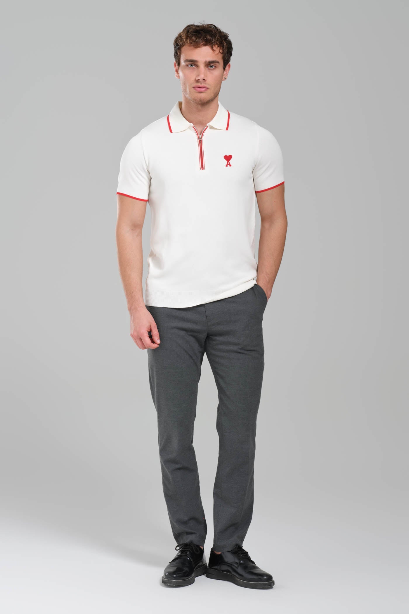 AMI Paris Ami de Coeur Zip  Knit Polo Shirt – White