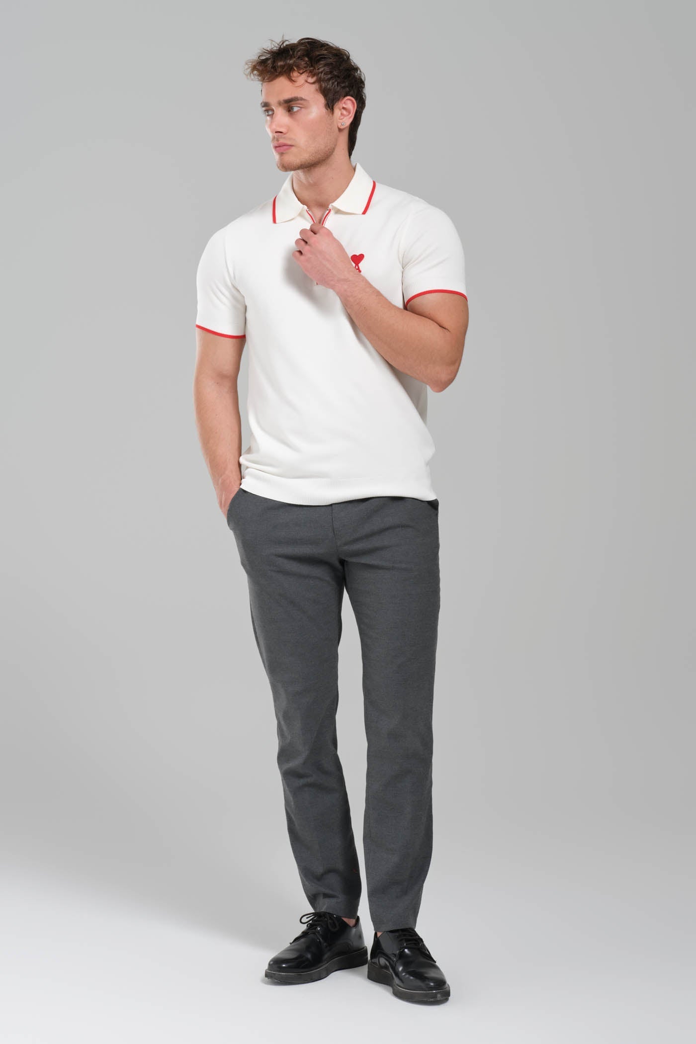 AMI Paris Ami de Coeur Zip  Knit Polo Shirt – White