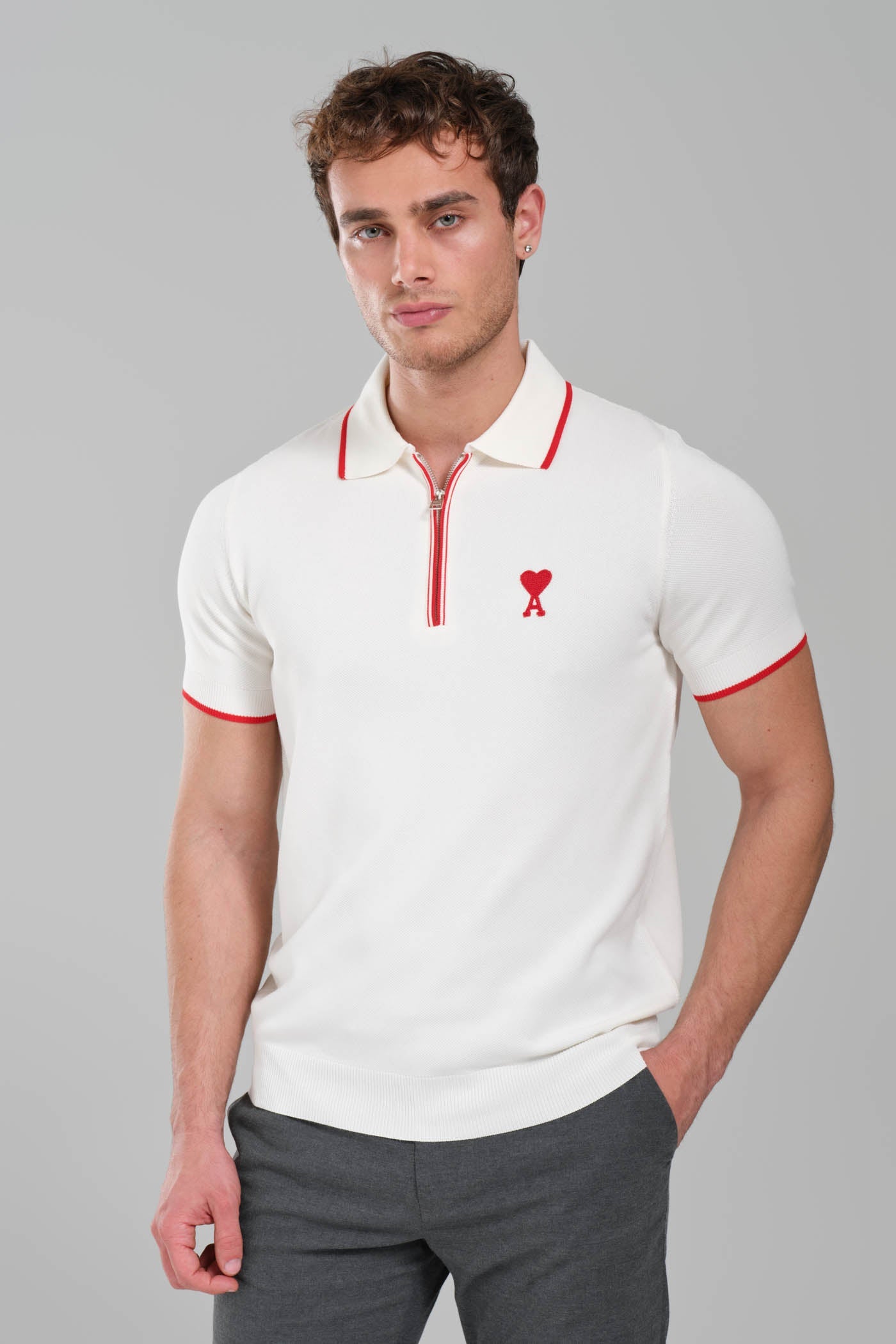 AMI Paris Ami de Coeur Zip  Knit Polo Shirt – White
