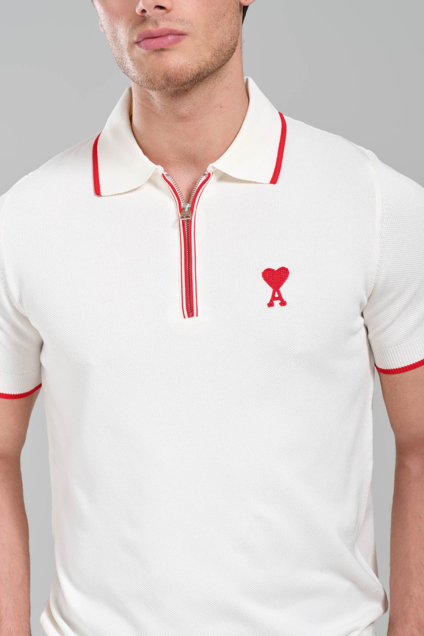 AMI Paris Ami de Coeur Zip  Knit Polo Shirt – White