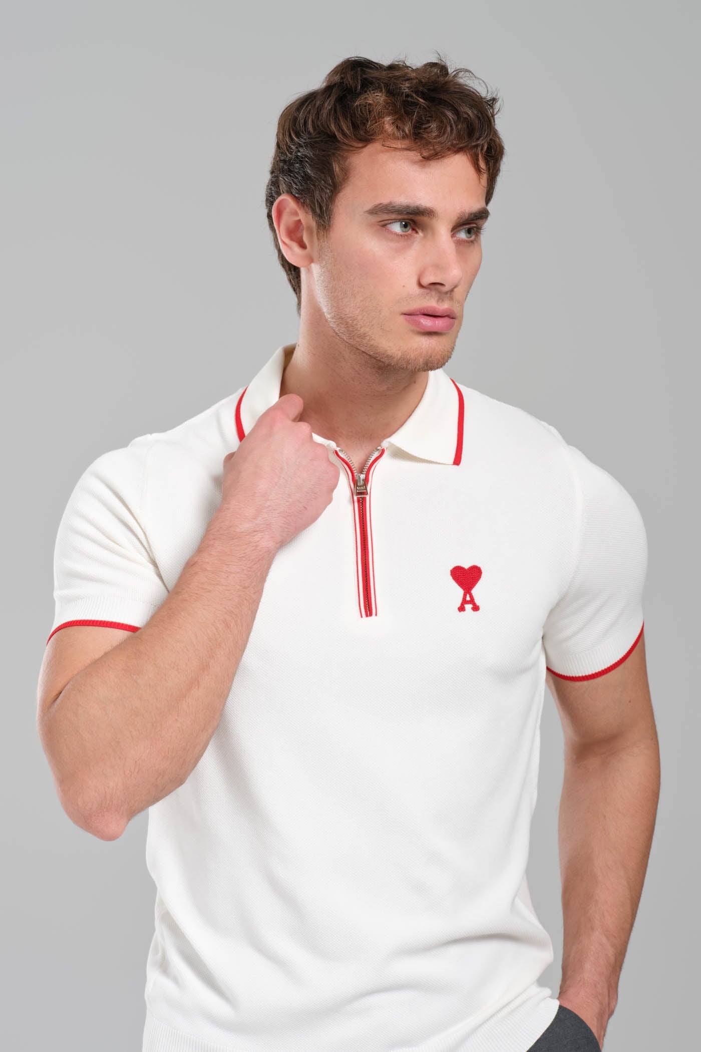 AMI Paris Ami de Coeur Zip  Knit Polo Shirt – White