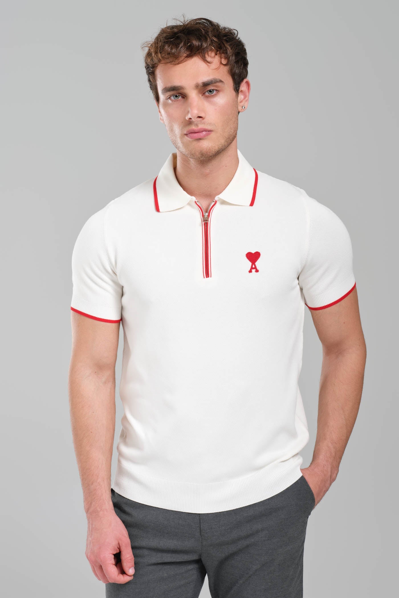 AMI Paris Ami de Coeur Zip  Knit Polo Shirt – White