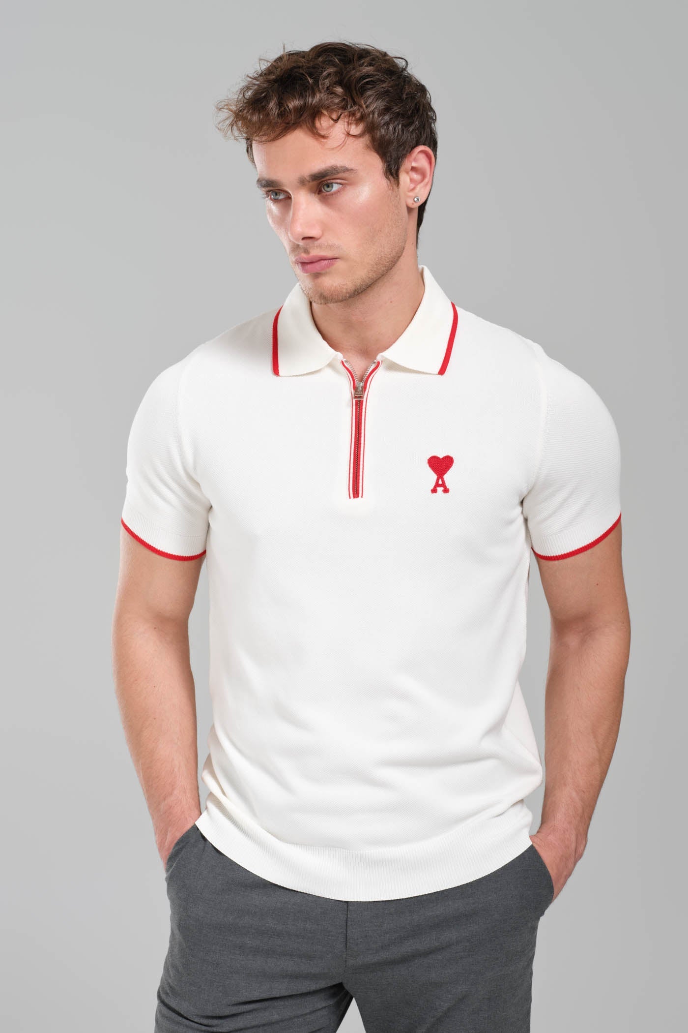 AMI Paris Ami de Coeur Zip  Knit Polo Shirt – White