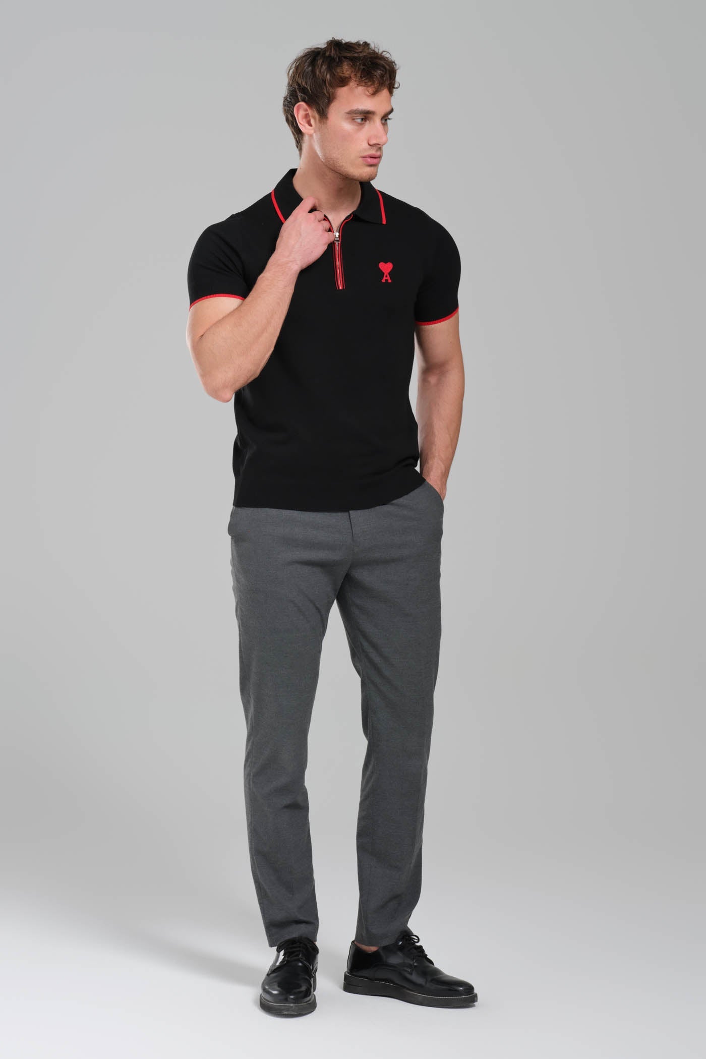 AMI Paris Ami de Coeur Zip  Knit Polo Shirt – Black