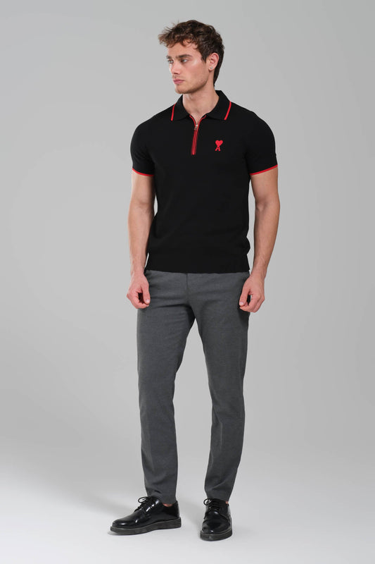 AMI Paris Ami de Coeur Zip  Knit Polo Shirt – Black