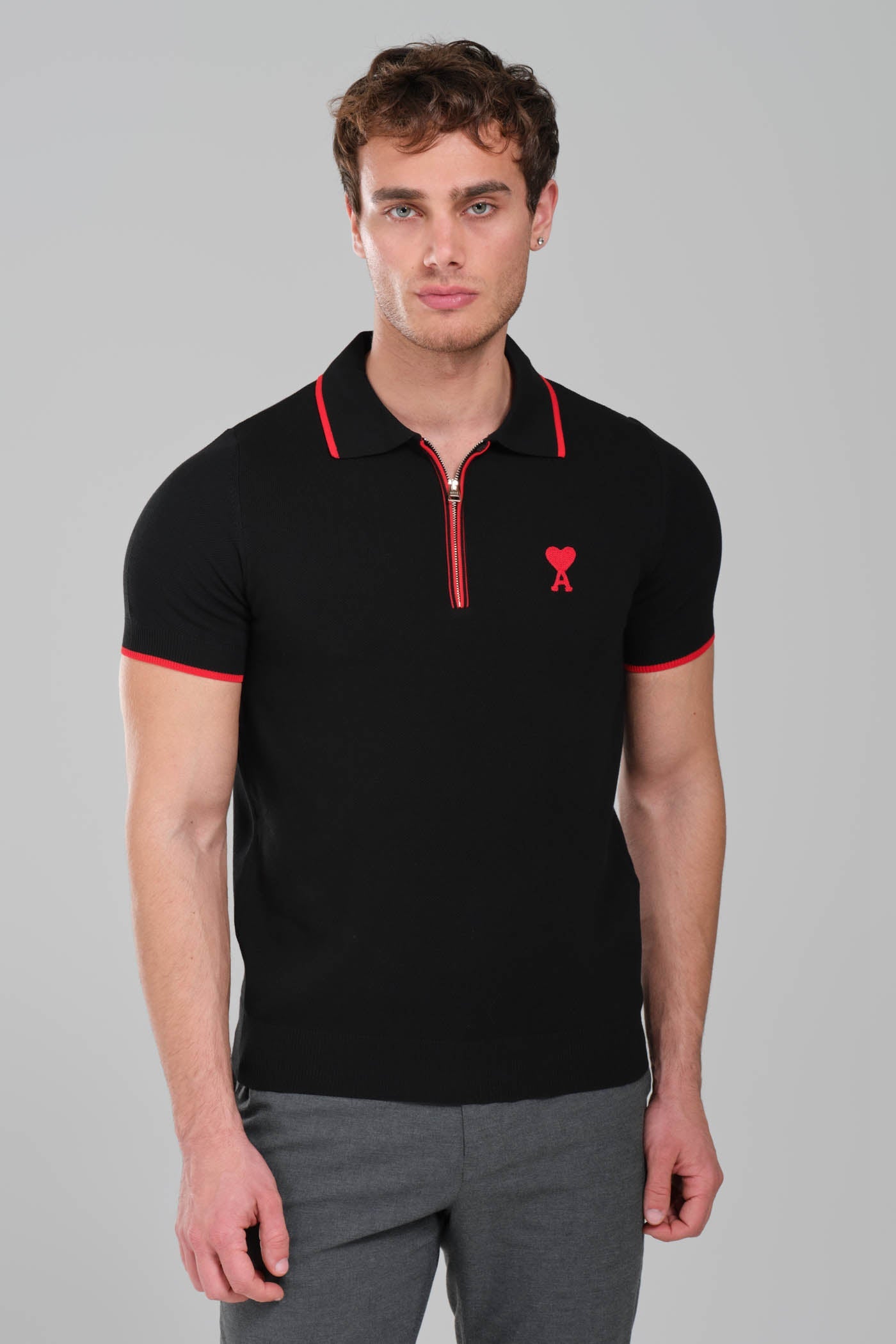 AMI Paris Ami de Coeur Zip  Knit Polo Shirt – Black