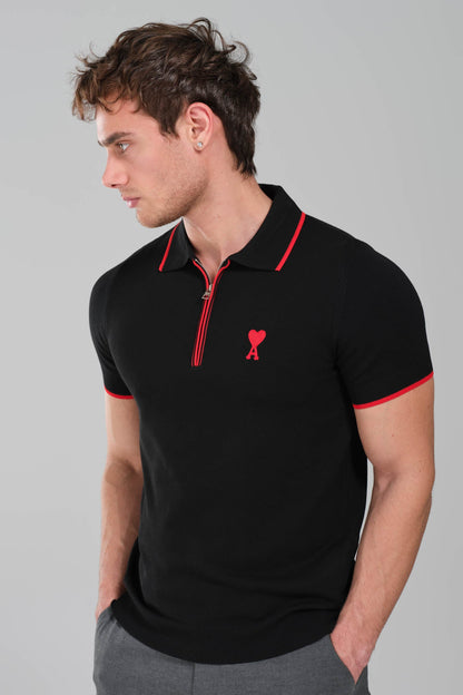 AMI Paris Ami de Coeur Zip  Knit Polo Shirt – Black