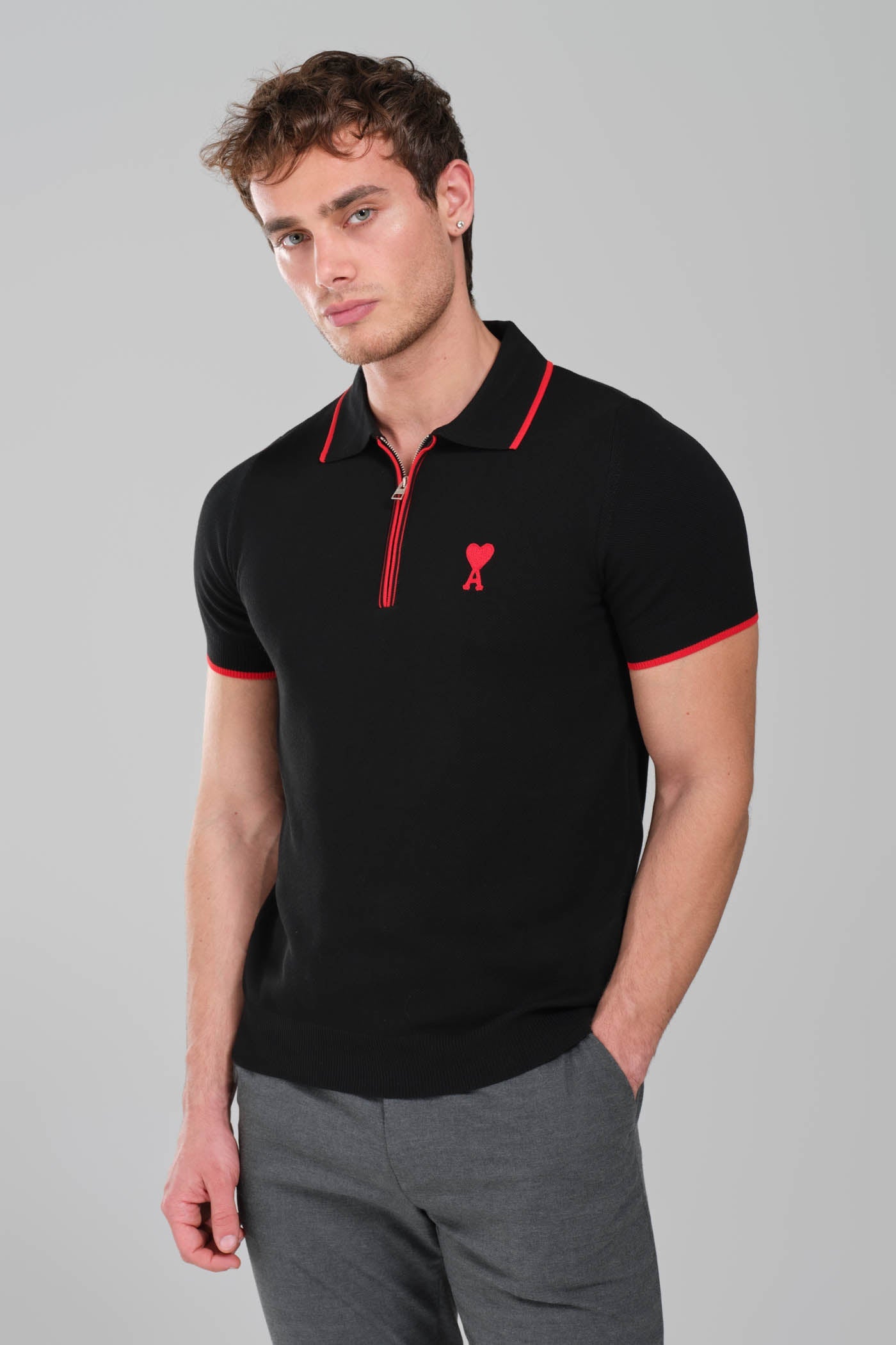 AMI Paris Ami de Coeur Zip  Knit Polo Shirt – Black