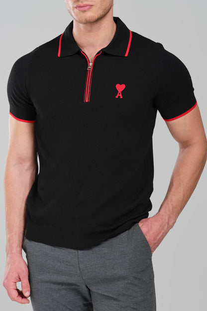 AMI Paris Ami de Coeur Zip  Knit Polo Shirt – Black