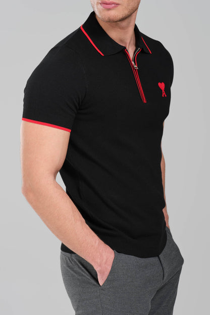 AMI Paris Ami de Coeur Zip  Knit Polo Shirt – Black