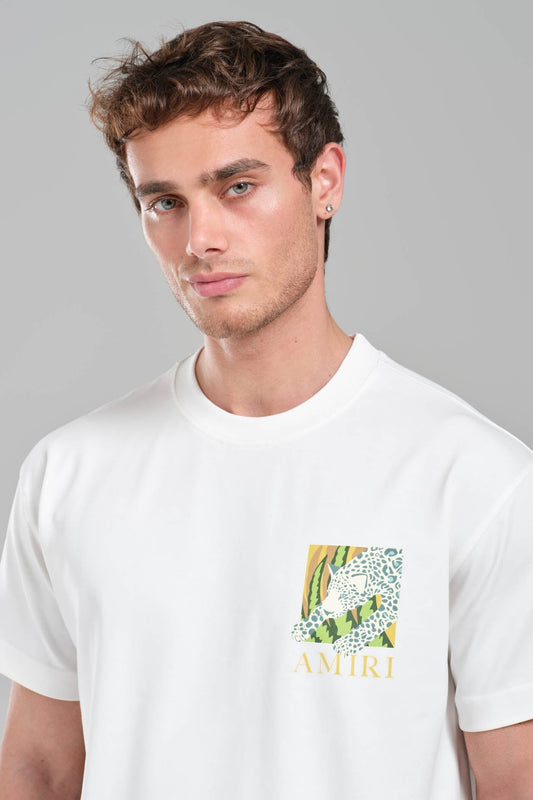 AMIRI White Graphic T-Shirt with Botanical Leopard Print