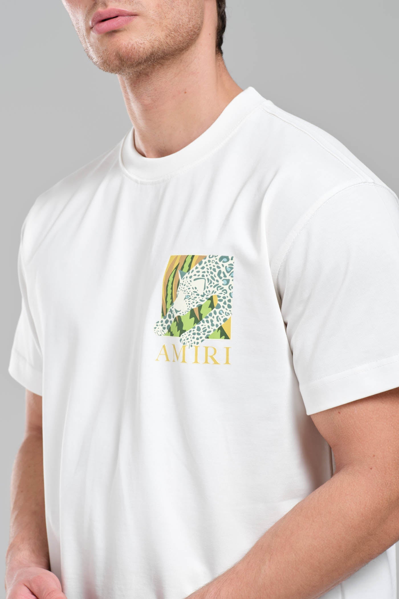 AMIRI White Graphic T-Shirt with Botanical Leopard Print