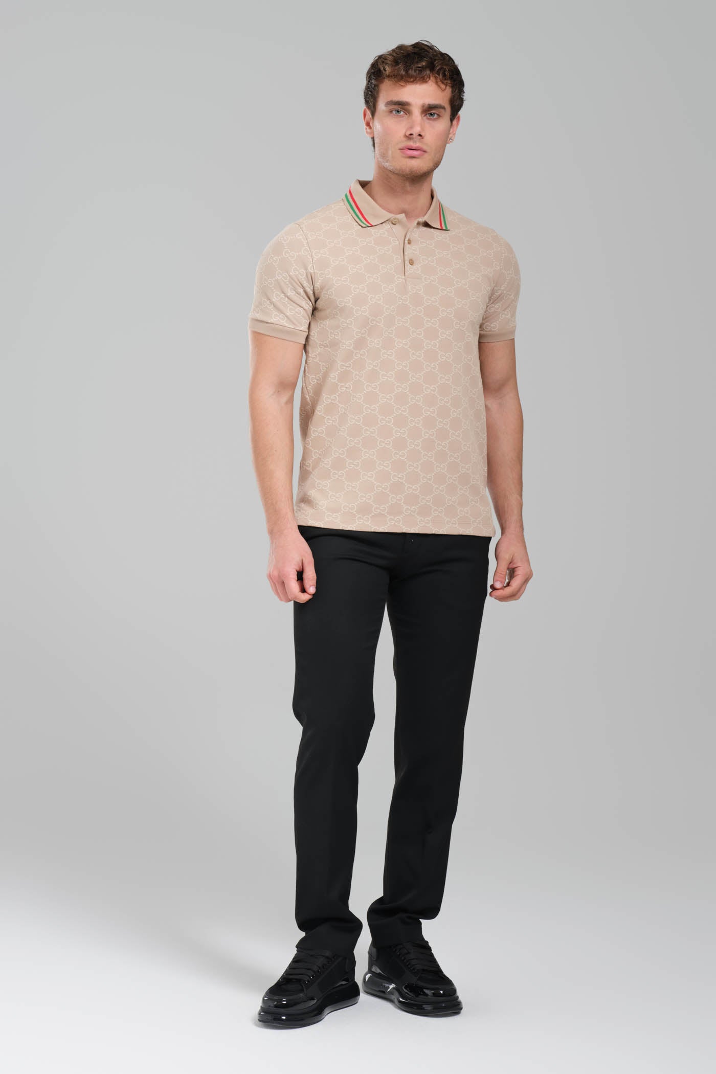 Gucci GG Monogram Polo Shirt – Beige/Web Collar