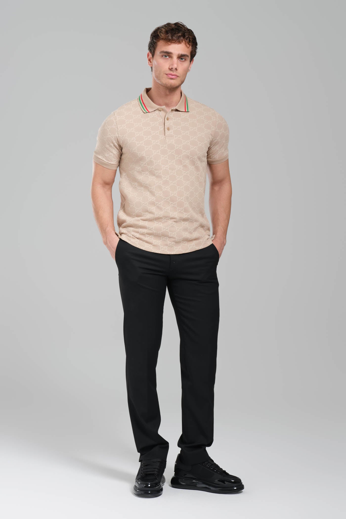 Gucci GG Monogram Polo Shirt – Beige/Web Collar