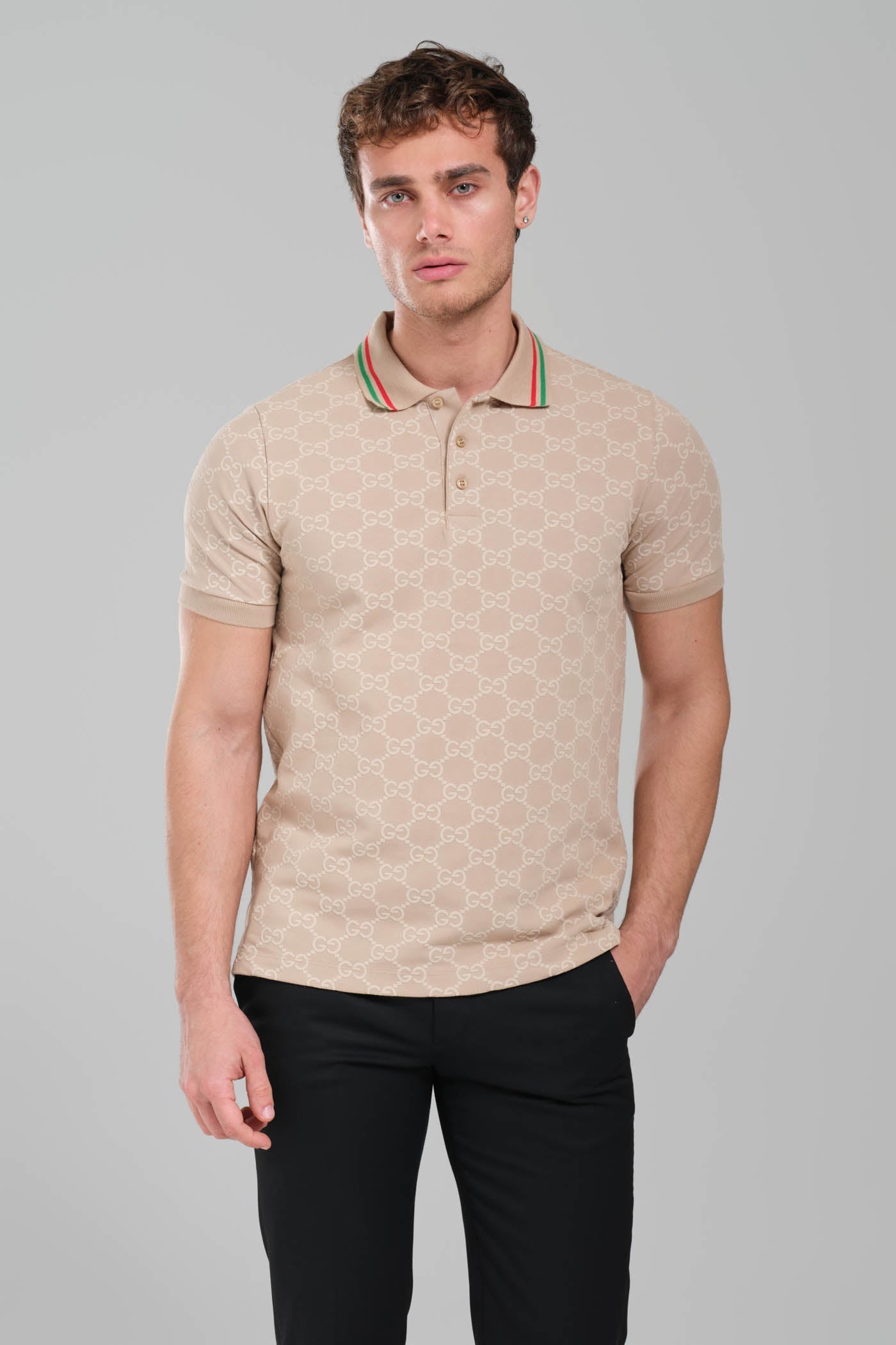 Gucci GG Monogram Polo Shirt – Beige/Web Collar