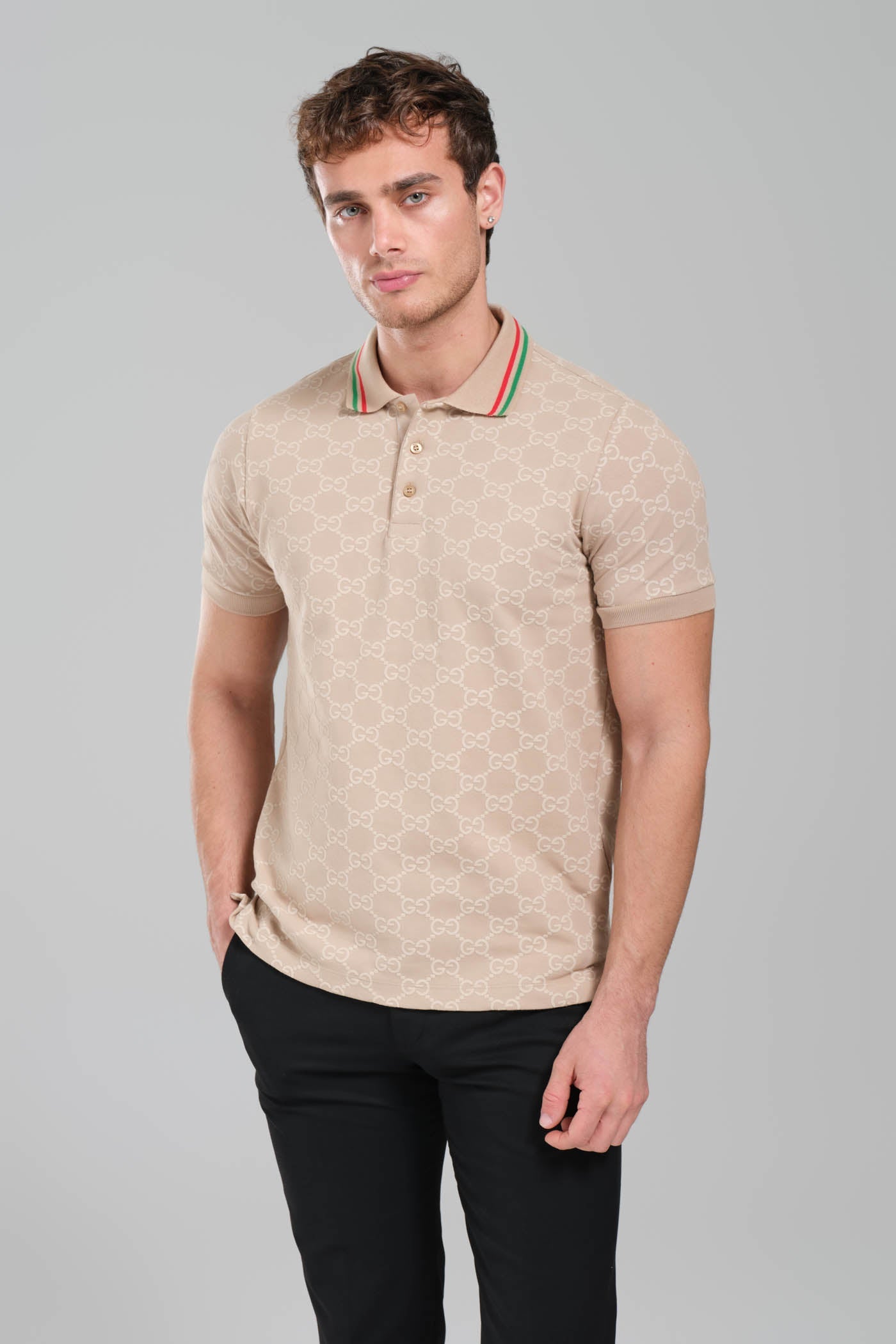Gucci GG Monogram Polo Shirt – Beige/Web Collar