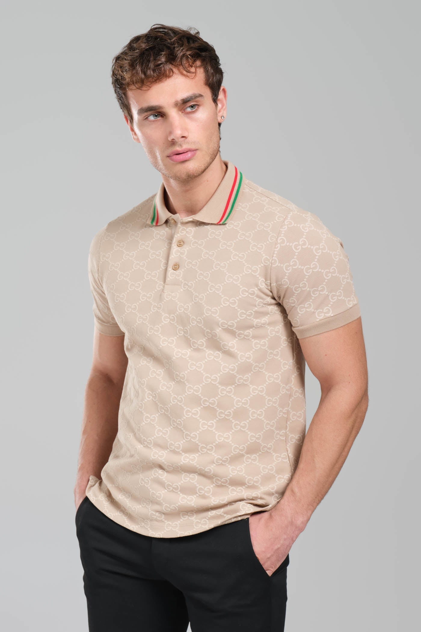 Gucci GG Monogram Polo Shirt – Beige/Web Collar